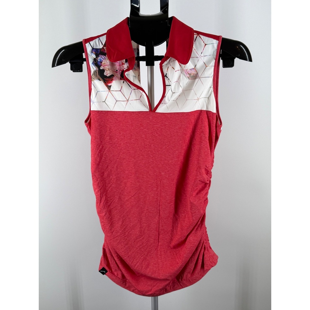 Swingdish Golf Sleeveless Polo Shirt Red Floral Geometric Ruched V-Neck Top M